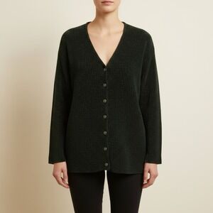 Benetton Vintage Forest Green Ribbed Chenille Cardigan Italy Cashmere Bend VNeck